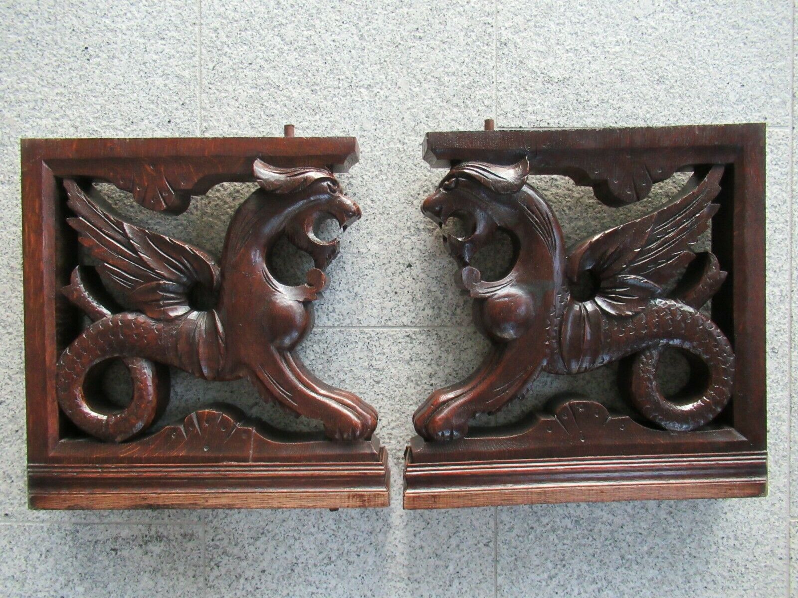 1 Pair Of Dragon - Chimera - Console Holder, Hand-carved Around 1860.